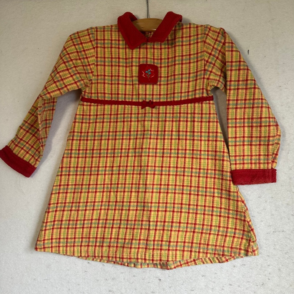 Vintage Carters Girls Red Yellow Plaid Fleece Collar Long Sleeve Dress Floral